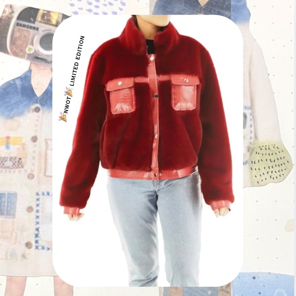 🎉🎉Red Contrast Trim Faux Croc Leather & Faux Fur Snap Button Front Zipper Moto - Picture 3 of 17